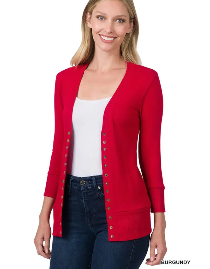 Snap Cardigan 3/4 Sleeve - Burgundy by Boutique 23