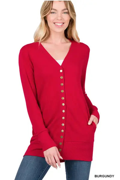 Snap Cardigan Full Sleeve With Pockets - Burgundy by Boutique 23