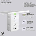 Socket Shelf 8 Port Surge Protector Wall Outlet, 6 Electrical Outlet Extenders, 2 USB Charging Ports by DailySale