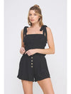 Soft Linen Smocked Tie Straps Tank: Black