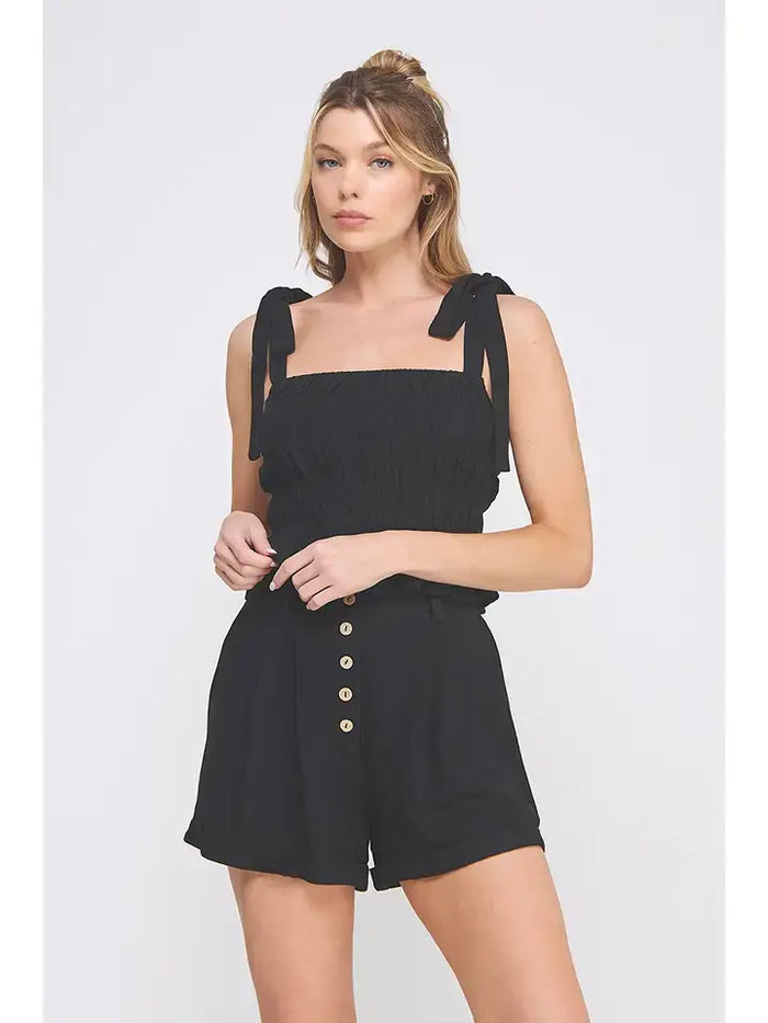Soft Linen Smocked Tie Straps Tank: Black by Boutique 23