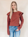 Soft Touch Striped Ruffle Shoulder Top - Brick Red by Boutique 23