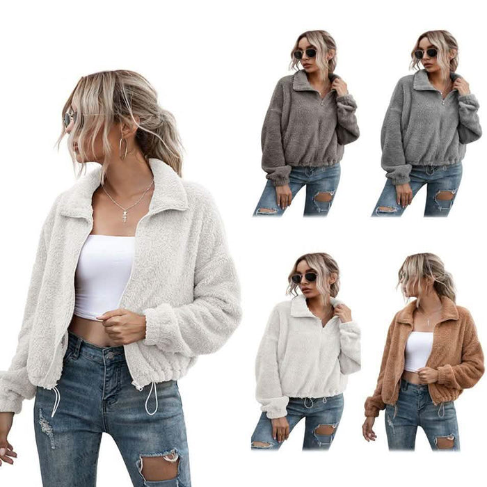 Solid Drawstring Hem Crop Teddy Jacket by DailySale