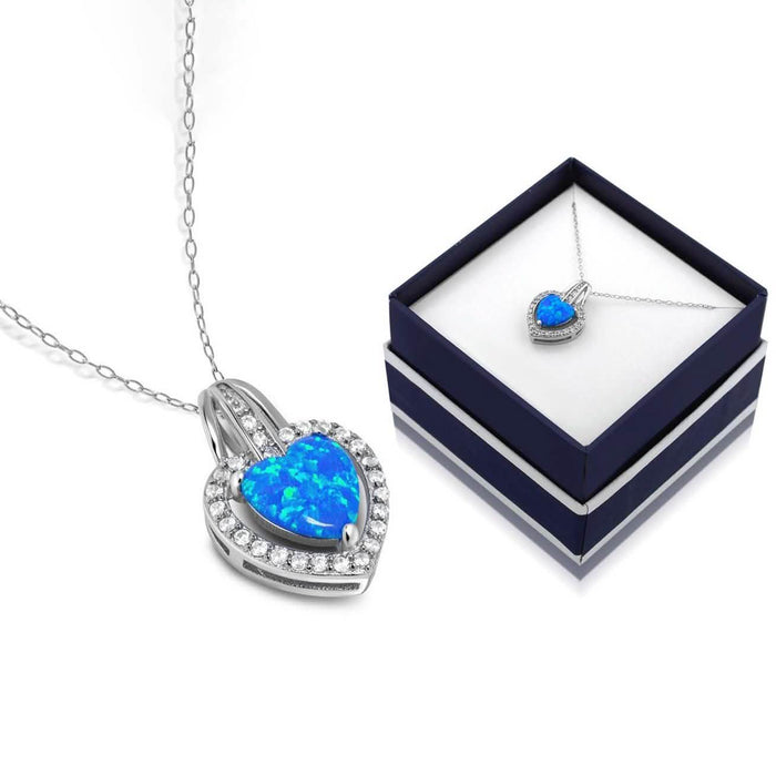 Solid Sterling Silver Blue Opal Heart Halo Necklace With Gift Box By MUIBLU Gems by DailySale