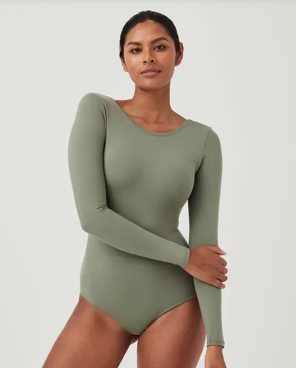 SPANX Suit Yourself Long Sleeve Scoop Neck Bodysuit - Dusty Olive by Boutique 23