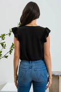 Split Neck Ruffle Sleeve Blouse - Black by Boutique 23