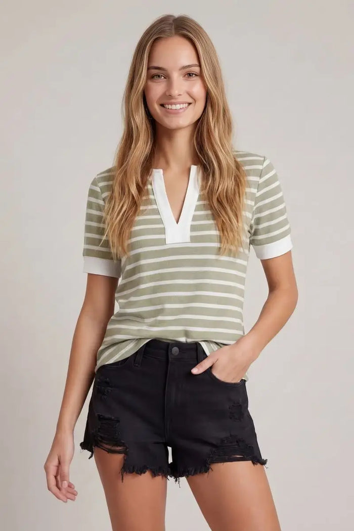 Split V-neck Striped Short Sleeve Top by Boutique 23