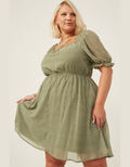 Square Neck Puff Sleeve Mini Dress - Sage by Boutique 23