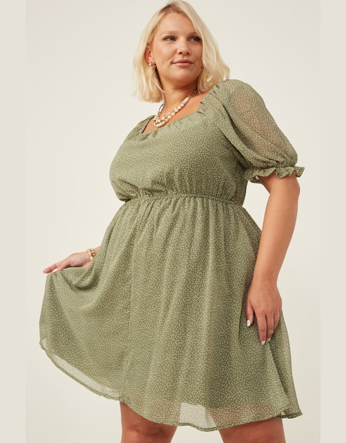 Square Neck Puff Sleeve Mini Dress - Sage by Boutique 23