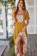 Square Neck Short Sleeve Floral Dress - Yellow by Boutique 23