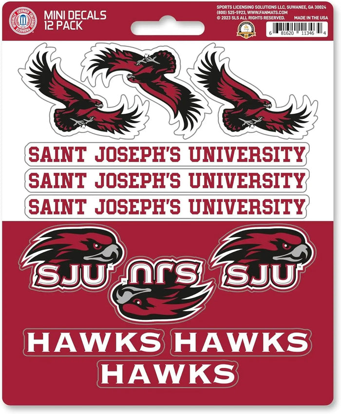 St Joseph University Hawks 12-Piece Mini Decal Sticker Set, 5x6 Inch Sheet, Gift for football fans for any hard surfaces around home, automotive, personal items by Fielders Choice