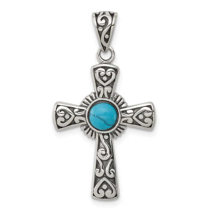 Sterling Silver Antiqued Recon Turquoise Cross Pendant by Fine Color Jewels