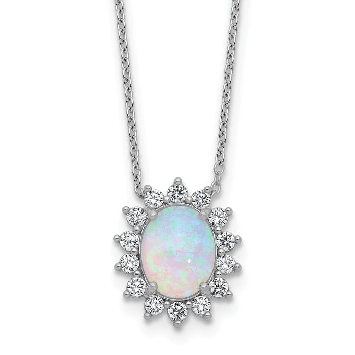 Sterling Silver Created Opal Oval Halo Necklace by Fine Color Jewels