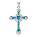 Sterling Silver Lab Created Blue Opal and Cubic Zirconia Cross Pendant by Fine Color Jewels