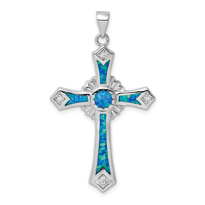 Sterling Silver Lab Created Blue Opal and Cubic Zirconia Cross Pendant by Fine Color Jewels