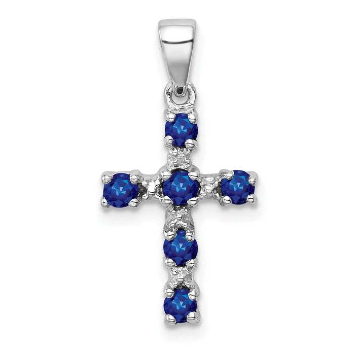 Sterling Silver Natural Blue Sapphire and Diamond Cross Pendant by Fine Color Jewels