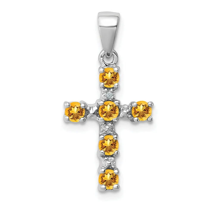 Sterling Silver Natural Citrine and Diamond Cross Pendant by Fine Color Jewels