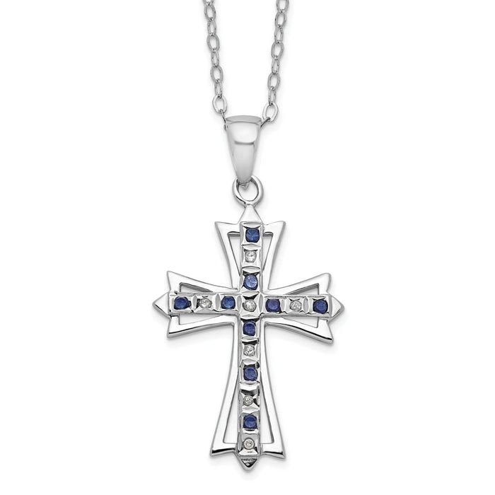 Sterling Silver Natural Diamond and Sapphire Cross Necklace by Fine Color Jewels