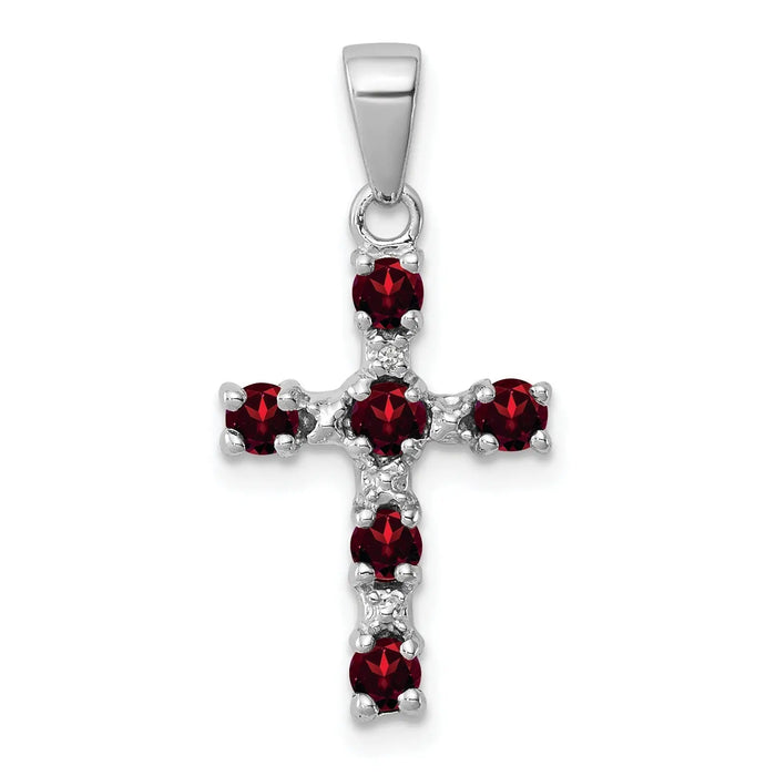 Sterling Silver Natural Garnet and Diamond Cross Pendant by Fine Color Jewels