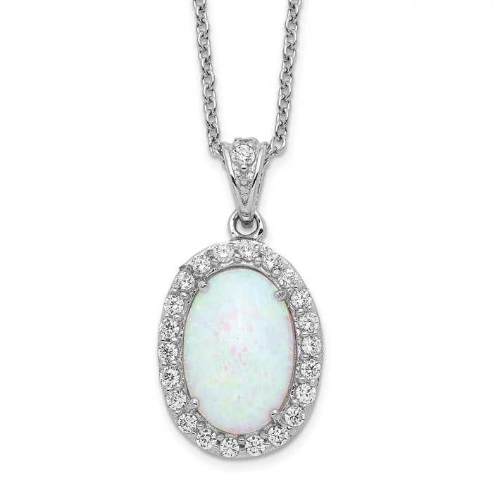Sterling Silver Opal Oval Halo 18 Inch Cubic Zirconia Necklace by Fine Color Jewels