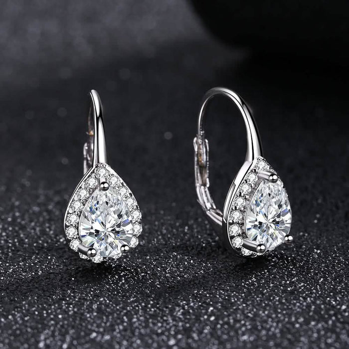 Sterling Silver Pear Omega Lever-back Halo Earring With Swarovski Crystals by DailySale