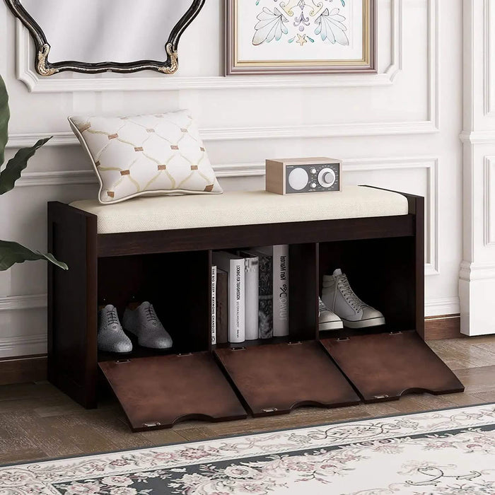 Storage Bench with Removable Cushion and 3 Flip Lock Storage Cubbies by DailySale
