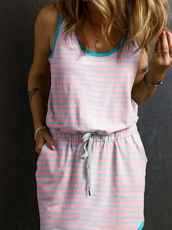 Stripe Contrast Casual Tank Dress - Pink by Boutique 23