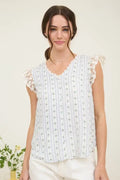 Stripe Floral V Neck Lace Trim Button Down Blouse by Boutique 23