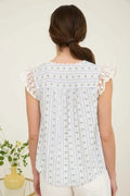 Stripe Floral V Neck Lace Trim Button Down Blouse by Boutique 23