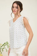 Stripe Floral V Neck Lace Trim Button Down Blouse by Boutique 23