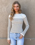 Long Sleeve Stripe Pattern Ribbed Knitted Top - Beige/Black by Boutique 23