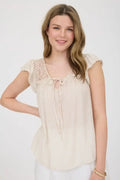 Stripe Lace Yoke Front Tie Short Sleeve Top by Boutique 23