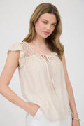 Stripe Lace Yoke Front Tie Short Sleeve Top by Boutique 23