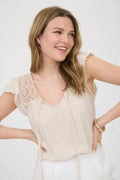 Stripe Lace Yoke Front Tie Short Sleeve Top by Boutique 23