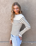 Long Sleeve Stripe Pattern Ribbed Knitted Top - Beige/Black by Boutique 23