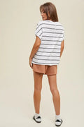 Striped Cotton Knit Top With Twist Cuff Detail - Ivory by Boutique 23