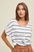 Striped Cotton Knit Top With Twist Cuff Detail - Ivory by Boutique 23