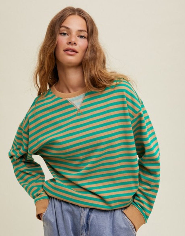 Striped Oversized Crewneck Pullover - Taupe/Green by Boutique 23