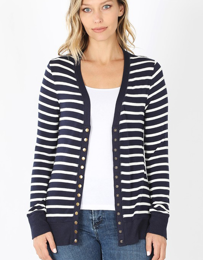 Striped Snap Cardigan Full Sleeve - Navy by Boutique 23