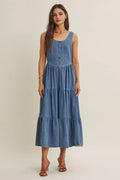 Summer Roadtrip Sustainable Denim Tiered Midi Dress by Boutique 23