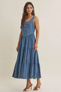 Summer Roadtrip Sustainable Denim Tiered Midi Dress by Boutique 23