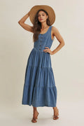 Summer Roadtrip Sustainable Denim Tiered Midi Dress by Boutique 23