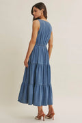 Summer Roadtrip Sustainable Denim Tiered Midi Dress by Boutique 23