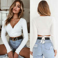 Summer Women Slim Long Sleeve Tee Cross V-neck Sexy Crop Top by DailySale