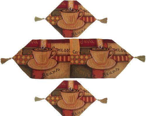 DaDa Bedding Set of 3-Pieces - Smell of Coffee Café Cup Orange Brown Woven Tapestry Dining Table Runners (9912) by DaDalogy Bedding Collection