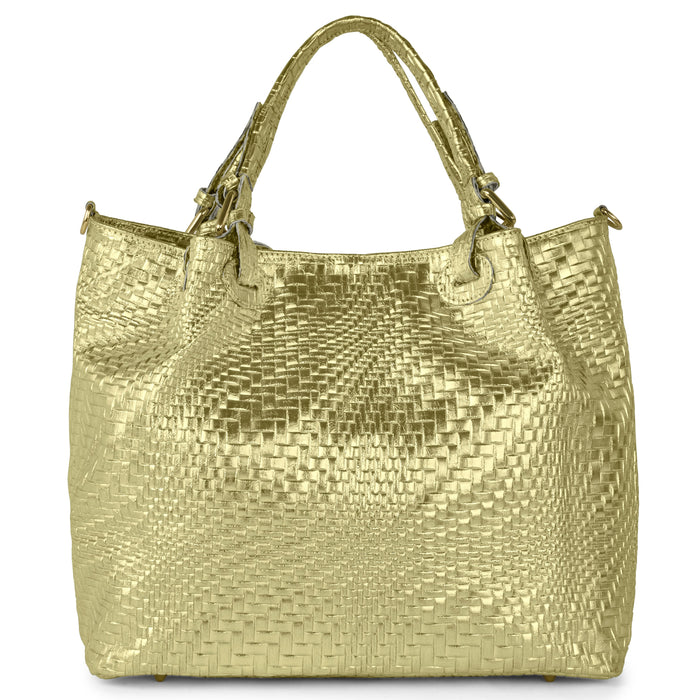 Italian Genuine Basketweave-Embossed Metallic Suede Top-Handle Bag | Imperia by TAKEASY