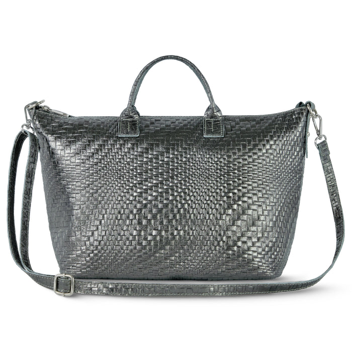 Italian Genuine Basketweave-Embossed Metallic Suede Top-Handle Bag | Treviso by TAKEASY