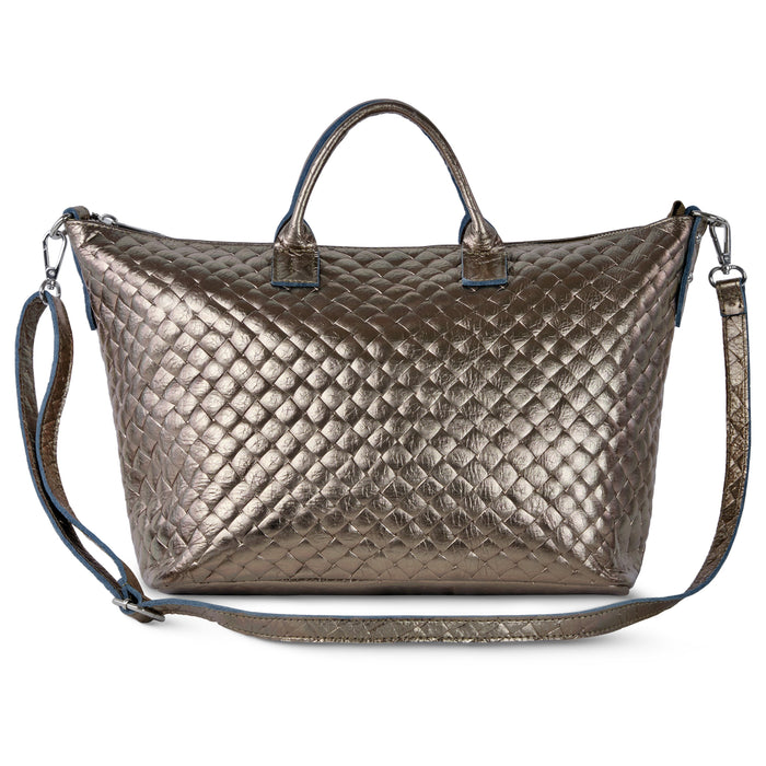 Italian Genuine Woven-Embossed Metallic Suede Top-Handle Bag | Urbino by TAKEASY