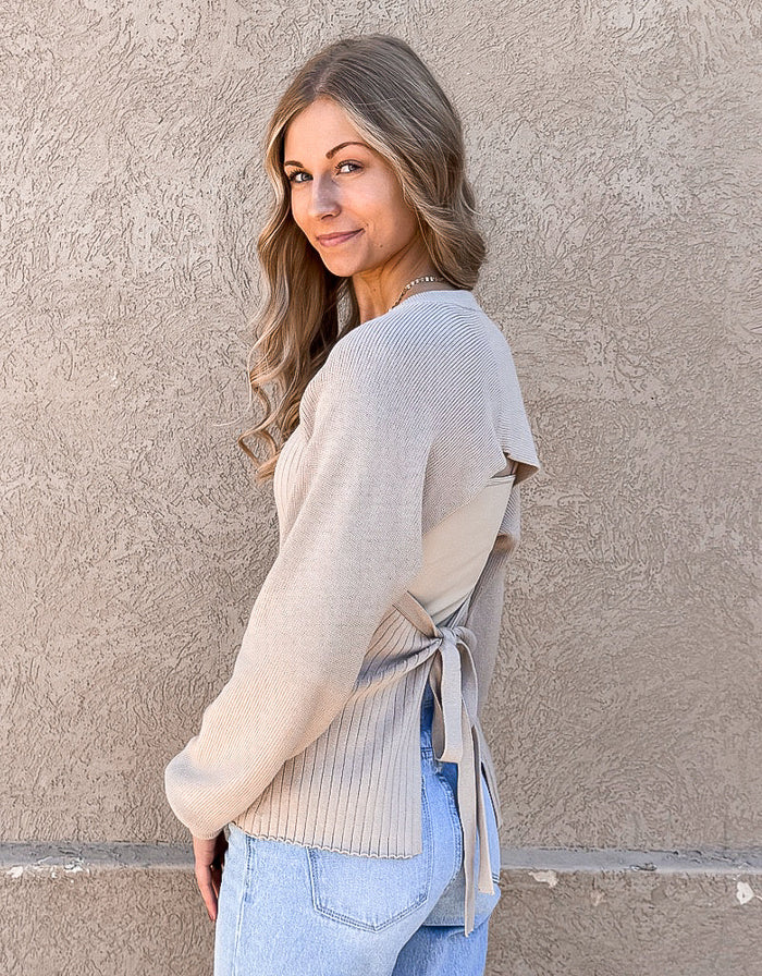 Long Sleeve Ribbed Open Back Sweater - Beige by Boutique 23