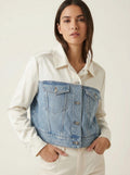 Express Satin Pieced Cropped Denim Jacket, Size Large by Vanessa Jane